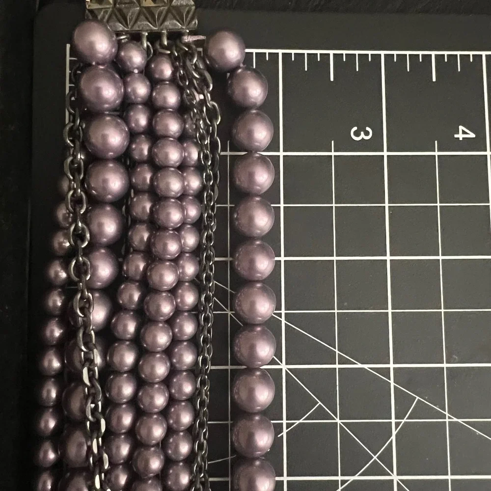 Lia Sophia Multi Strand Purple Glass Pearl Necklace Gunmetal Chain 15-18
